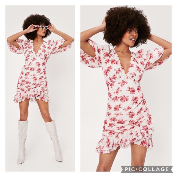NWT Nasty Gal Floral Puff Sleeve V Neck Wrap Mini Dress